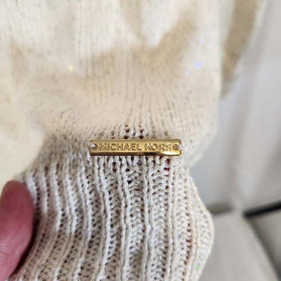 NWT MICHAEL KORS Off the Shoulder Sweater Color bone w/irradescant sequins LARGE - Picture 2 of 8